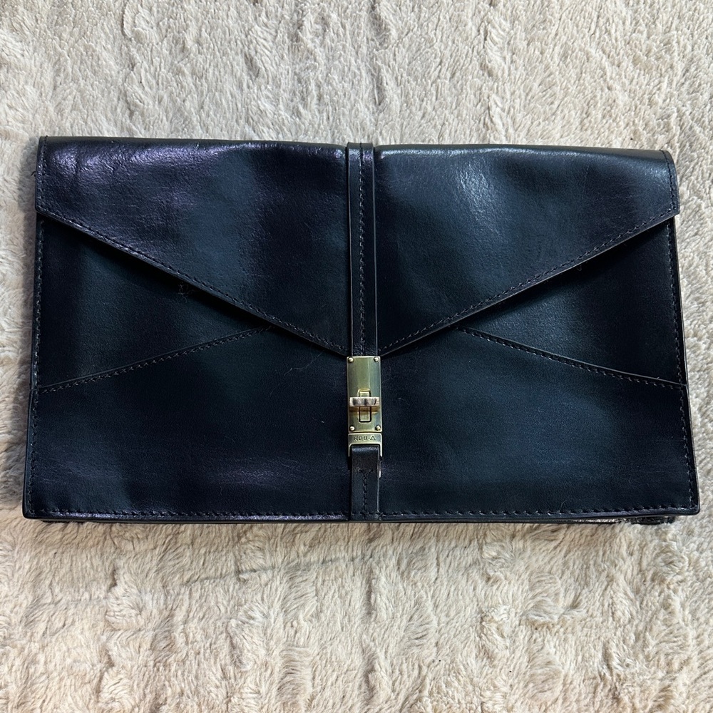 KBD Classic Black Leather Envelope Clutch with Gold Accent
